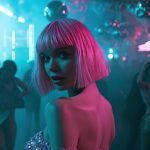 ai generated, girl, cyberpunk, party, rave, dance, lights, pink hair, young, party, party, party, party, party