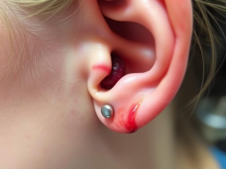 Objawy infekcji piercingu - zaczerwienienie i obrzęk wokół miejsca przekłucia