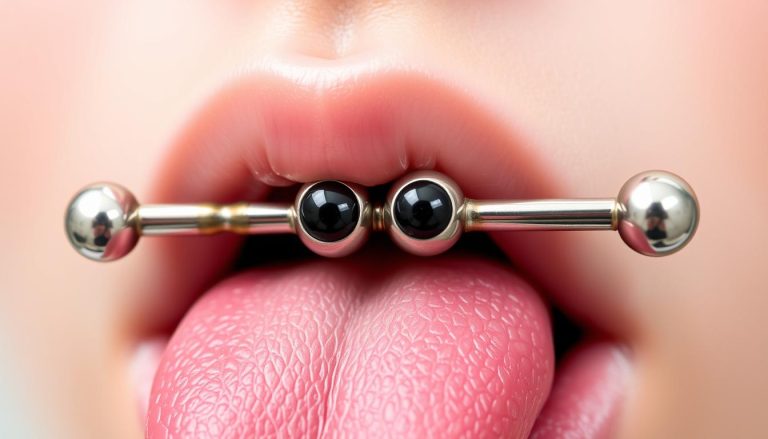 Snake eye piercing na czubku języka pokazujący dwie kulki przypominające oczy węża